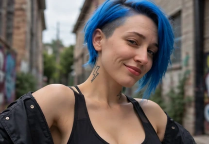 AI-generated illustration of a fictional adult woman with short blue hair.
