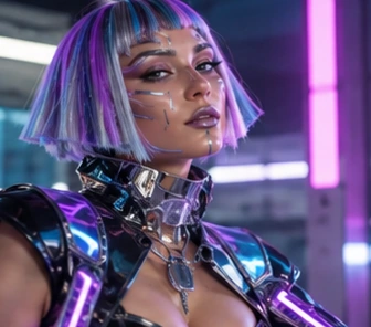 AI-generated illustration of a fictional adult woman in a futuristic metallic costume.
